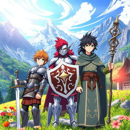 In a picturesque mountain village, three young heroes stand together