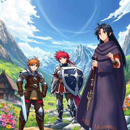 In a picturesque mountain village, three young heroes stand together