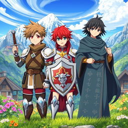 In a picturesque mountain village, three young heroes stand together