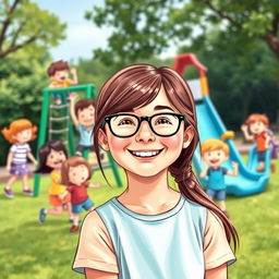 A charming book cover depicting a happy 10-year-old girl with long brown hair and glasses, smiling joyfully in the foreground