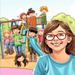 A charming book cover depicting a happy 10-year-old girl with long brown hair and glasses, smiling joyfully in the foreground