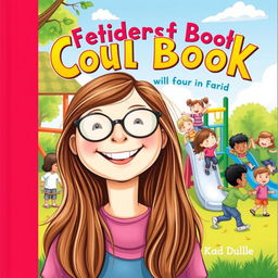 A charming book cover depicting a happy 10-year-old girl with long brown hair and glasses, smiling joyfully in the foreground