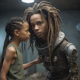 A hybrid organic and mechanical boy with dreadlocks, interacting with an extraterrestrial entity in a scene that merges reality with fantasy.