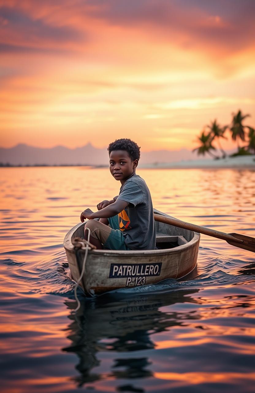 A realistic image depicting an 8-year-old Afro-descendant boy in a small gray wooden canoe named 'Patrullero P-123', rowing through a calm bay at dawn in Puerto Barrios, Izabal, Guatemala