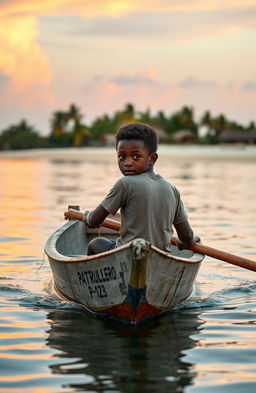 A realistic image depicting an 8-year-old Afro-descendant boy in a small gray wooden canoe named 'Patrullero P-123', rowing through a calm bay at dawn in Puerto Barrios, Izabal, Guatemala