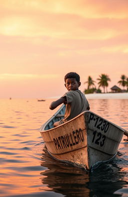 A realistic image depicting an 8-year-old Afro-descendant boy in a small gray wooden canoe named 'Patrullero P-123', rowing through a calm bay at dawn in Puerto Barrios, Izabal, Guatemala