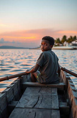 A realistic image depicting an 8-year-old Afro-descendant boy in a small gray wooden canoe named 'Patrullero P-123', rowing through a calm bay at dawn in Puerto Barrios, Izabal, Guatemala