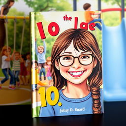 A vibrant book cover featuring a joyful 10-year-old girl with long brown hair and glasses, smiling brightly in the foreground