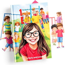 A vibrant book cover featuring a joyful 10-year-old girl with long brown hair and glasses, smiling brightly in the foreground