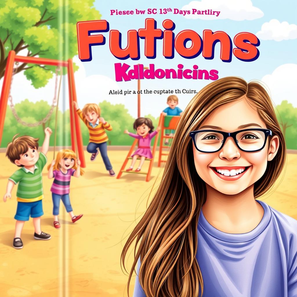 A vibrant book cover featuring a joyful 10-year-old girl with long brown hair and glasses, smiling brightly in the foreground