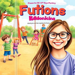 A vibrant book cover featuring a joyful 10-year-old girl with long brown hair and glasses, smiling brightly in the foreground