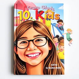 A vibrant book cover featuring a joyful 10-year-old girl with long brown hair and glasses, smiling brightly in the foreground