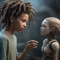 A hybrid organic and mechanical boy with dreadlocks, interacting with an extraterrestrial entity in a scene that merges reality with fantasy.