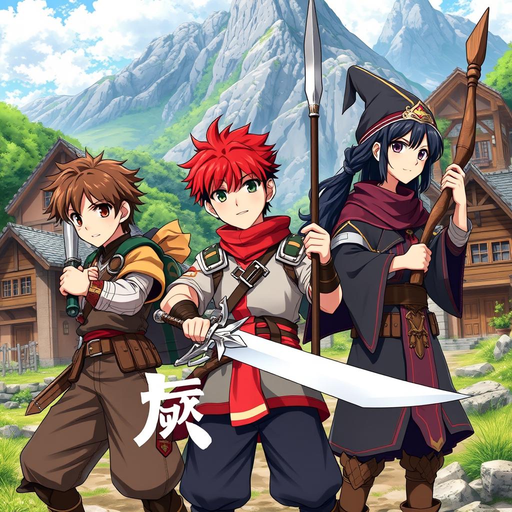 Anime fantasy cover featuring three young boys: a brown-haired warrior wielding a sword, a red-haired paladin holding a spear, and a black-haired wizard with a wooden staff