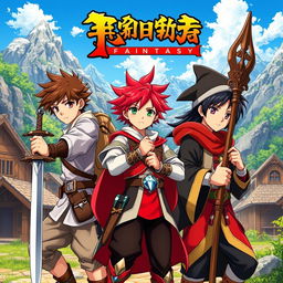 Anime fantasy cover featuring three young boys: a brown-haired warrior wielding a sword, a red-haired paladin holding a spear, and a black-haired wizard with a wooden staff