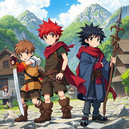 Anime fantasy cover featuring three young boys: a brown-haired warrior wielding a sword, a red-haired paladin holding a spear, and a black-haired wizard with a wooden staff