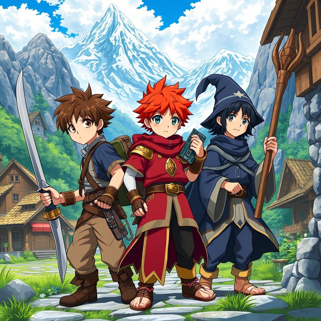 Anime fantasy cover featuring three young boys: a brown-haired warrior wielding a sword, a red-haired paladin holding a spear, and a black-haired wizard with a wooden staff