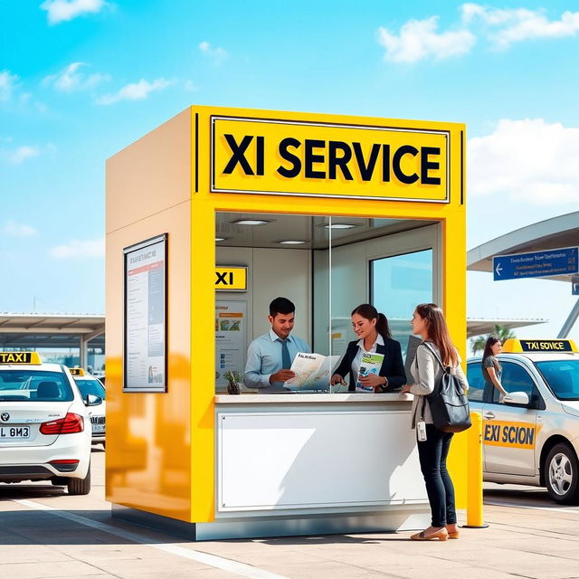 A small, welcoming airport taxi booth designed for customer service, featuring a bright and cheerful color scheme