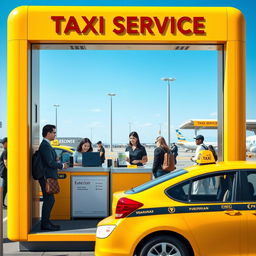 A small, welcoming airport taxi booth designed for customer service, featuring a bright and cheerful color scheme