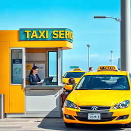 A small, welcoming airport taxi booth designed for customer service, featuring a bright and cheerful color scheme