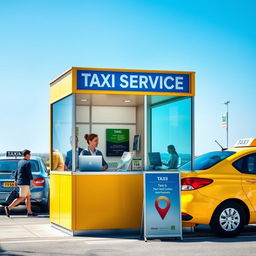 A small, welcoming airport taxi booth designed for customer service, featuring a bright and cheerful color scheme