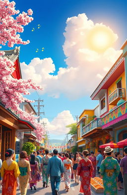 A vibrant fusion of Japanese and Latin American cultures, showcasing a picturesque street scene