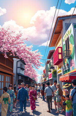 A vibrant fusion of Japanese and Latin American cultures, showcasing a picturesque street scene