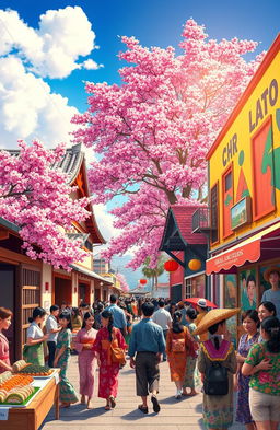 A vibrant fusion of Japanese and Latin American cultures, showcasing a picturesque street scene