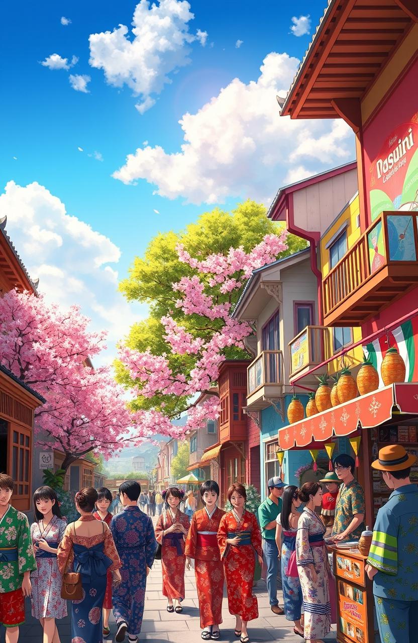 A vibrant fusion of Japanese and Latin American cultures, showcasing a picturesque street scene