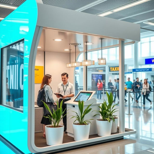 An indoor small airport taxi booth for customer service, featuring a contemporary design with a color palette of cyan and white