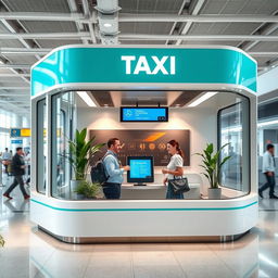 An indoor small airport taxi booth for customer service, featuring a contemporary design with a color palette of cyan and white