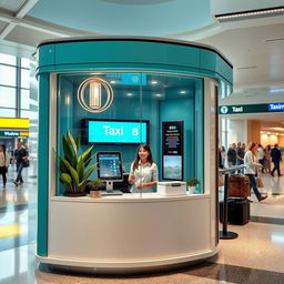 An indoor small airport taxi booth for customer service, featuring a contemporary design with a color palette of cyan and white