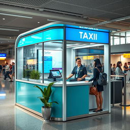 An indoor small airport taxi booth for customer service, featuring a contemporary design with a color palette of cyan and white