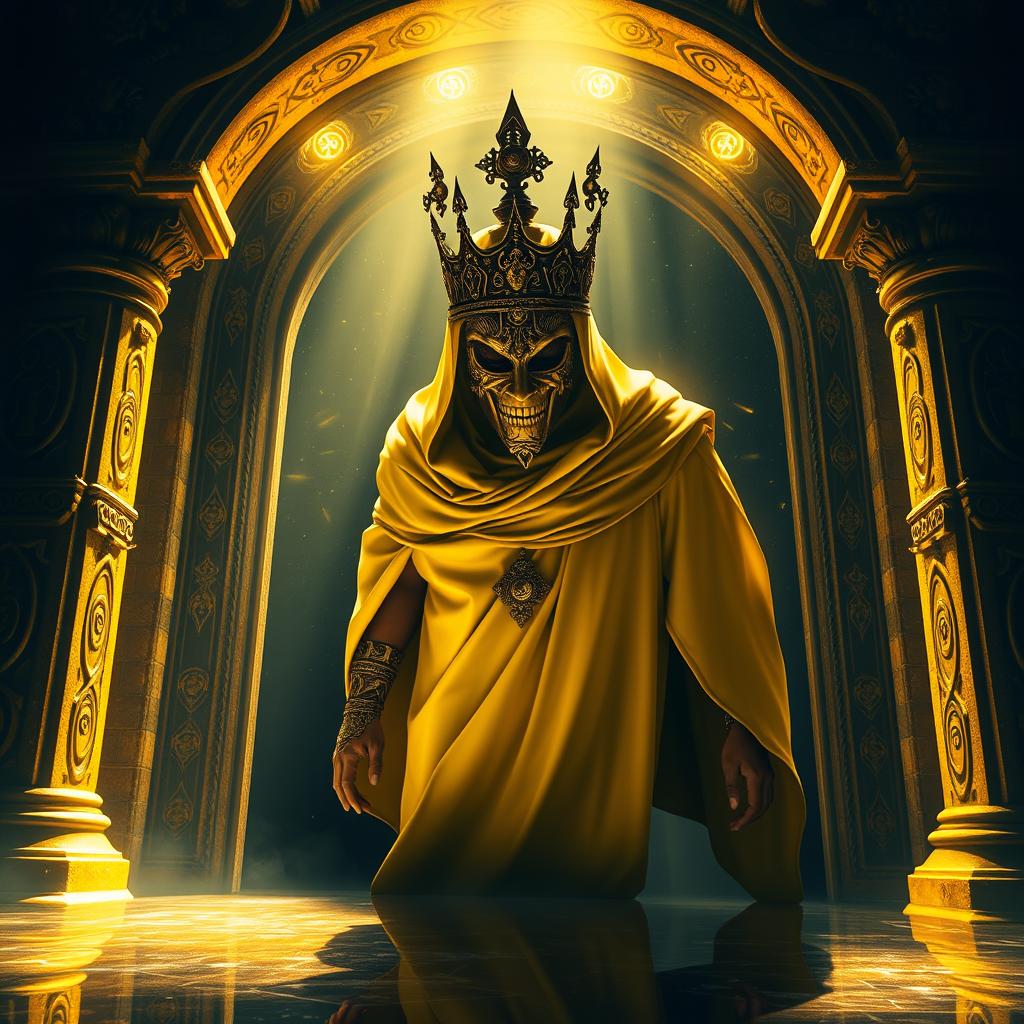 A mysterious yellow cloaked king emerging dramatically through an ornate gateway, surrounded by shimmering light reflecting off a mirror-like surface