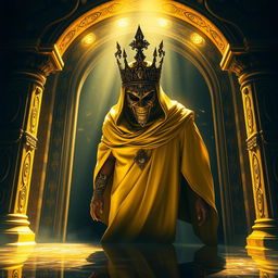 A mysterious yellow cloaked king emerging dramatically through an ornate gateway, surrounded by shimmering light reflecting off a mirror-like surface