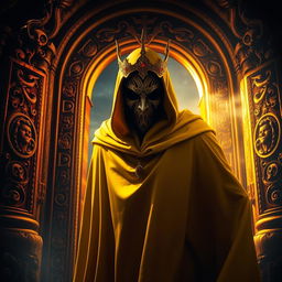 A mysterious yellow cloaked king emerging dramatically through an ornate gateway, surrounded by shimmering light reflecting off a mirror-like surface