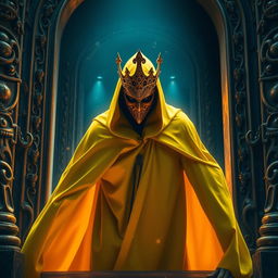 A mysterious yellow cloaked king emerging dramatically through an ornate gateway, surrounded by shimmering light reflecting off a mirror-like surface