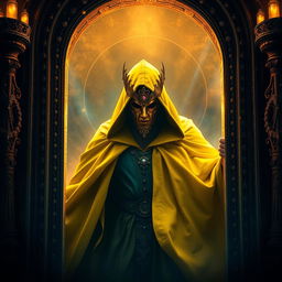 A mysterious yellow cloaked king emerging dramatically through an ornate gateway, surrounded by shimmering light reflecting off a mirror-like surface