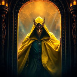 A mysterious yellow cloaked king emerging dramatically through an ornate gateway, surrounded by shimmering light reflecting off a mirror-like surface