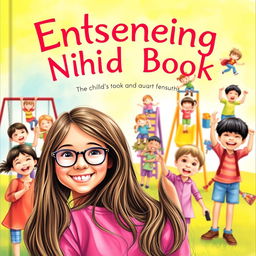 An enchanting book cover showcasing a happy 10-year-old girl with long brown hair and glasses, smiling brightly in the foreground