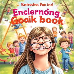 An enchanting book cover showcasing a happy 10-year-old girl with long brown hair and glasses, smiling brightly in the foreground