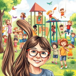 An enchanting book cover showcasing a happy 10-year-old girl with long brown hair and glasses, smiling brightly in the foreground