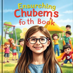 An enchanting book cover showcasing a happy 10-year-old girl with long brown hair and glasses, smiling brightly in the foreground