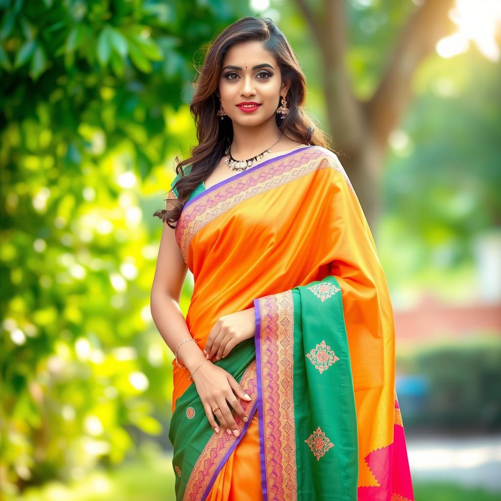 A beautiful woman wearing a vibrant saree that elegantly drapes over her figure, showcasing her traditional Indian attire with intricate patterns and embroidery