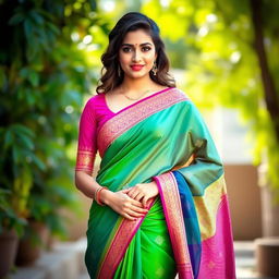 A beautiful woman wearing a vibrant saree that elegantly drapes over her figure, showcasing her traditional Indian attire with intricate patterns and embroidery