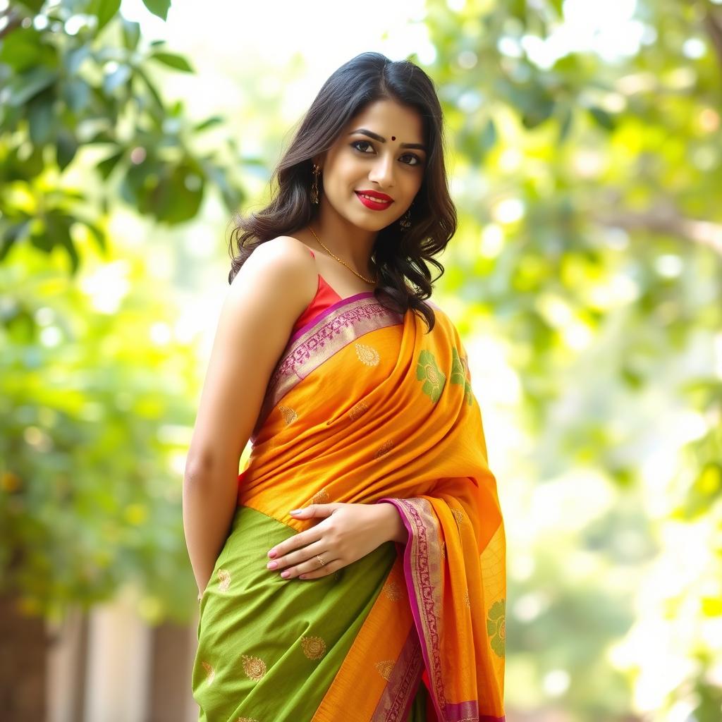 A beautiful woman wearing a vibrant saree that elegantly drapes over her figure, showcasing her traditional Indian attire with intricate patterns and embroidery