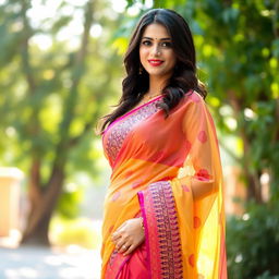 A beautiful woman wearing a vibrant saree that elegantly drapes over her figure, showcasing her traditional Indian attire with intricate patterns and embroidery