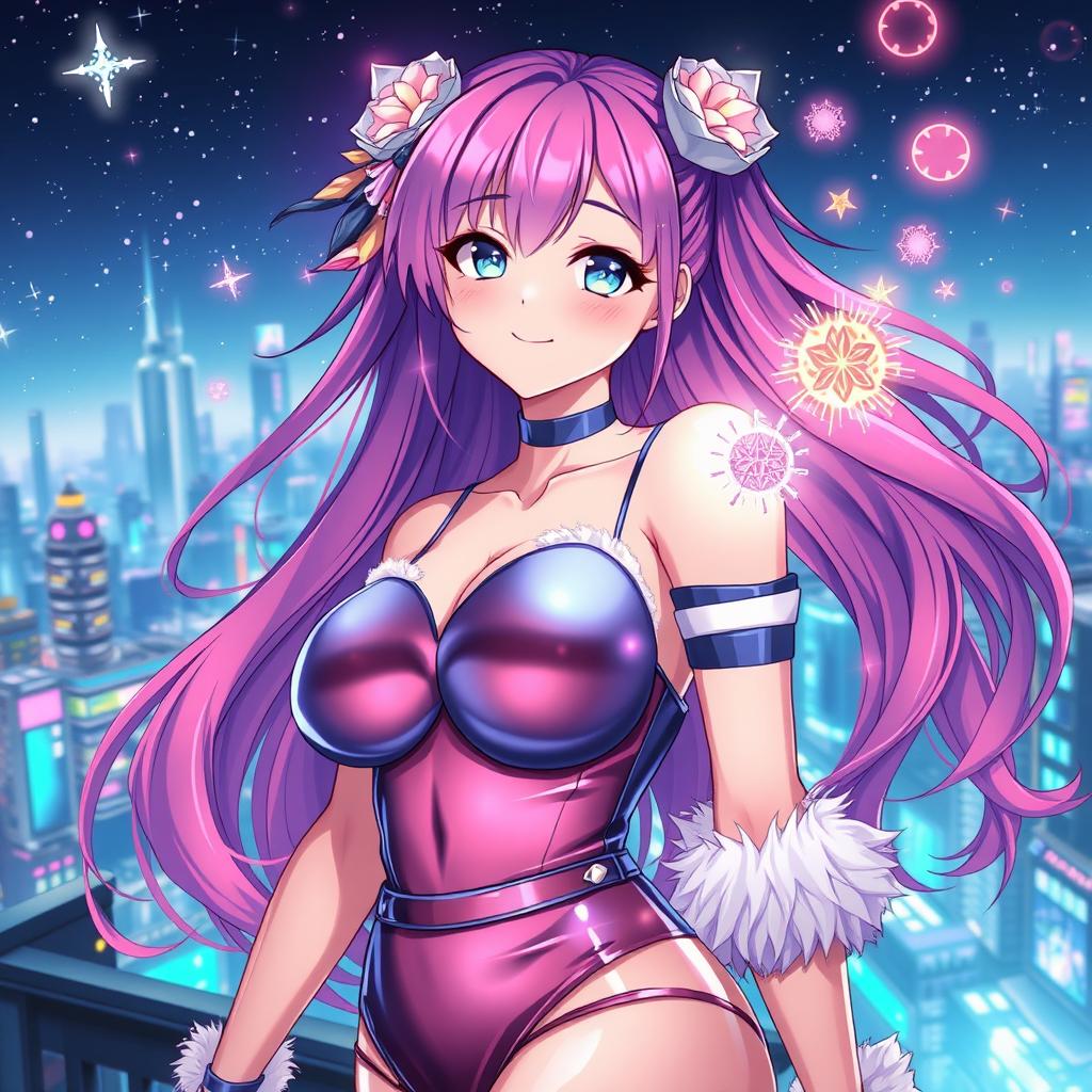 A vibrant anime girl with large breasts, wearing a shiny latex outfit, set against a futuristic background filled with glowing neon lights and advanced technology