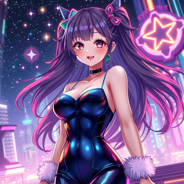 A vibrant anime girl with large breasts, wearing a shiny latex outfit, set against a futuristic background filled with glowing neon lights and advanced technology