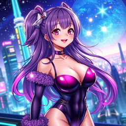 A vibrant anime girl with large breasts, wearing a shiny latex outfit, set against a futuristic background filled with glowing neon lights and advanced technology